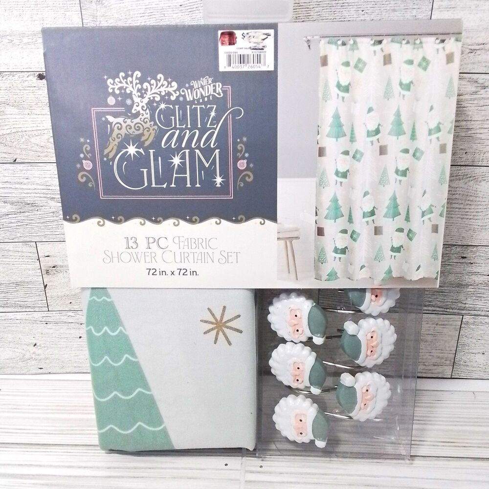 Glitz and Glam 13pc Christmas Santa Fabric Shower Curtain Set 72x72 Hooks